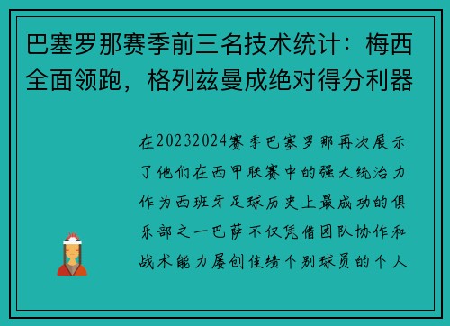 巴塞罗那赛季前三名技术统计：梅西全面领跑，格列兹曼成绝对得分利器