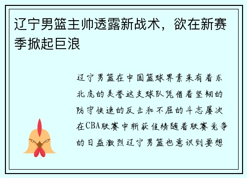 辽宁男篮主帅透露新战术，欲在新赛季掀起巨浪
